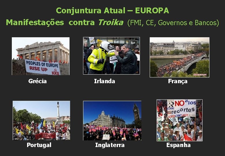 Conjuntura Atual – EUROPA Manifestações contra Troika (FMI, CE, Governos e Bancos) Grécia Irlanda