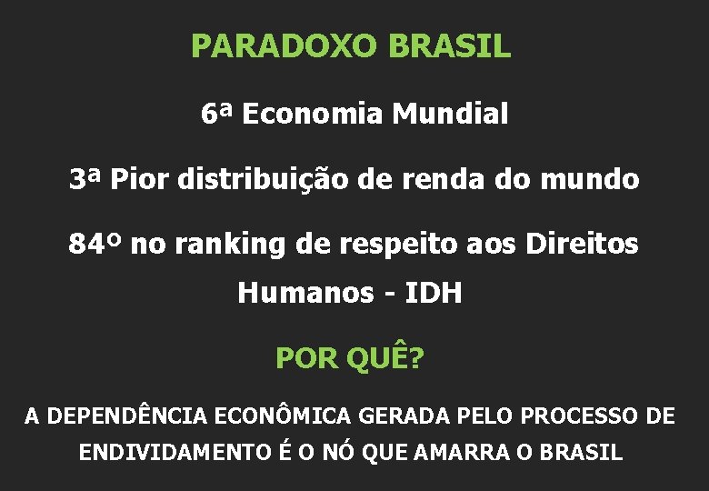 PARADOXO BRASIL 6ª Economia Mundial 3ª Pior distribuição de renda do mundo 84º no