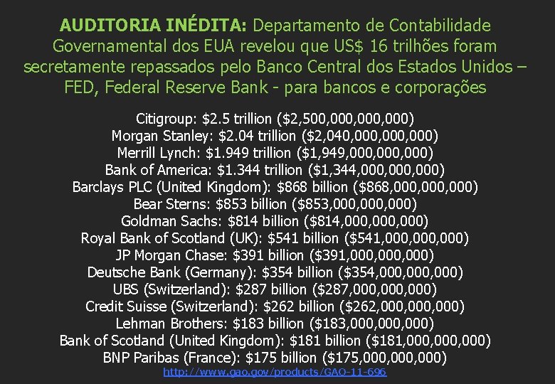 AUDITORIA INÉDITA: Departamento de Contabilidade Governamental dos EUA revelou que US$ 16 trilhões foram