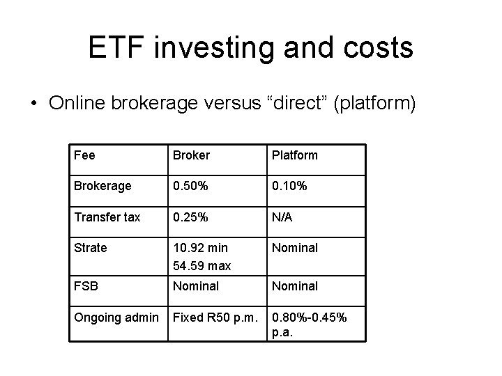 ETF investing and costs • Online brokerage versus “direct” (platform) Fee Broker Platform Brokerage