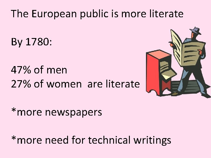 The European public is more literate By 1780: 47% of men 27% of women