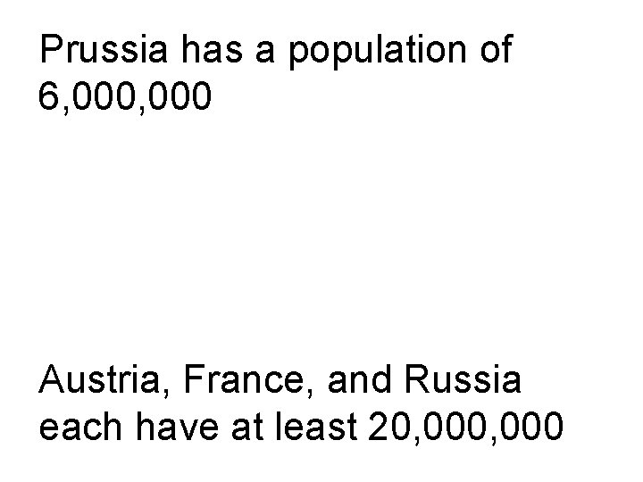 Prussia has a population of 6, 000 Austria, France, and Russia each have at