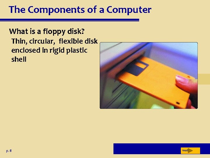 The Components of a Computer What is a floppy disk? Thin, circular, flexible disk