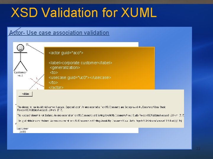 XSD Validation for XUML Actor- Use case association validation <actor guid="aco"> <label>corporate customer</label> <generalization>