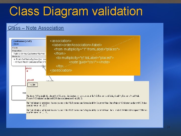 Class Diagram validation Class – Note Association <association> <label>order. Association</label> <from multiplicity="1" from. Label="places">