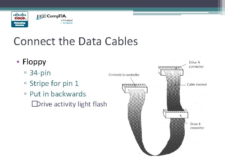Connect the Data Cables • Floppy ▫ 34 -pin ▫ Stripe for pin 1