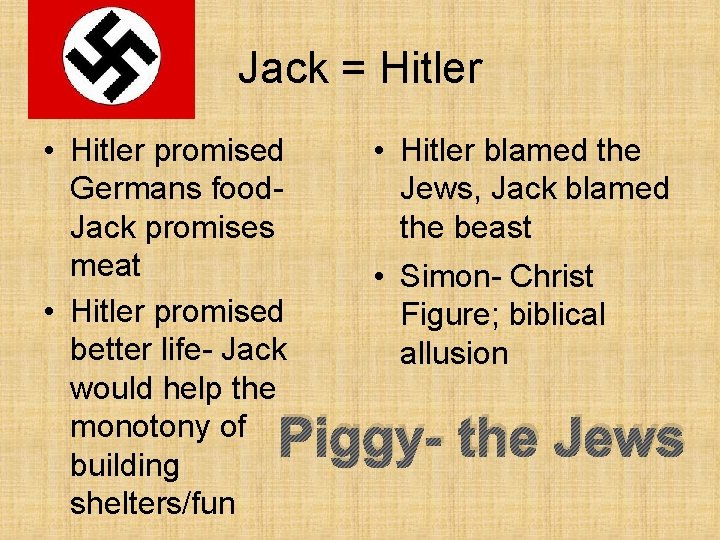 Jack = Hitler • Hitler promised Germans food. Jack promises meat • Hitler promised