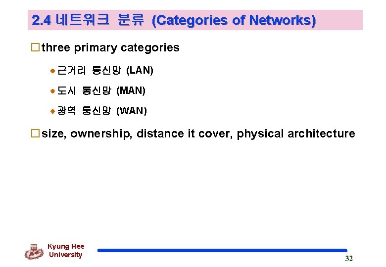 2. 4 네트워크 분류 (Categories of Networks) othree primary categories 근거리 통신망 (LAN) 도시