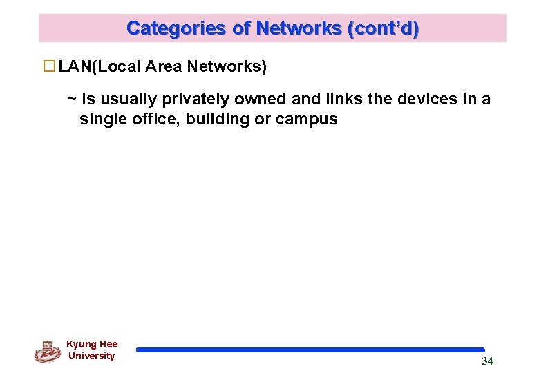 Categories of Networks (cont’d) o. LAN(Local Area Networks) ~ is usually privately owned and
