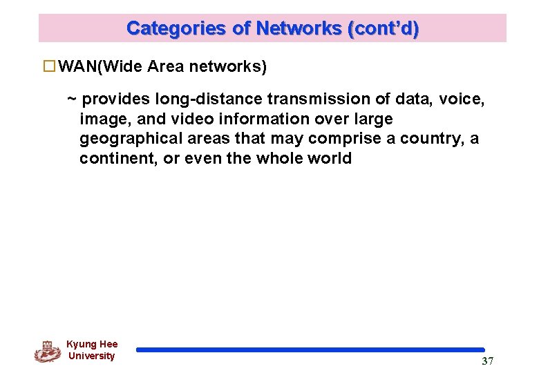 Categories of Networks (cont’d) o. WAN(Wide Area networks) ~ provides long-distance transmission of data,