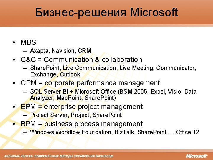 Бизнес-решения Microsoft • MBS – Axapta, Navision, CRM • C&C = Communication & collaboration
