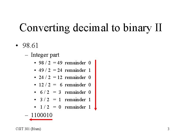 Converting decimal to binary II • 98. 61 – Integer part • • 98