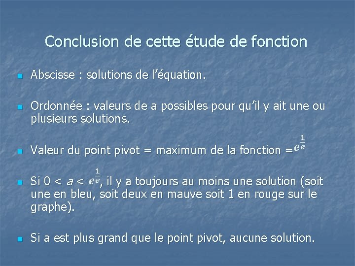 Conclusion de cette étude de fonction n n Abscisse : solutions de l’équation. Ordonnée Conclusion de cette étude de fonction n n Abscisse : solutions de l’équation. Ordonnée