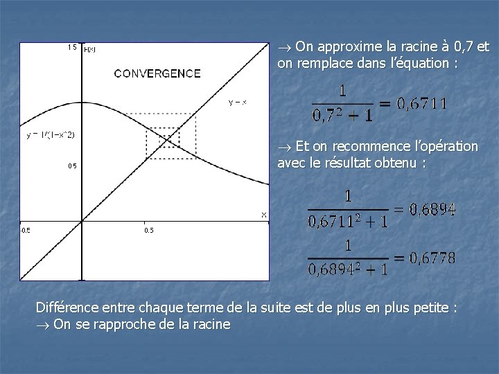  On approxime la racine à 0, 7 et on remplace dans l’équation :