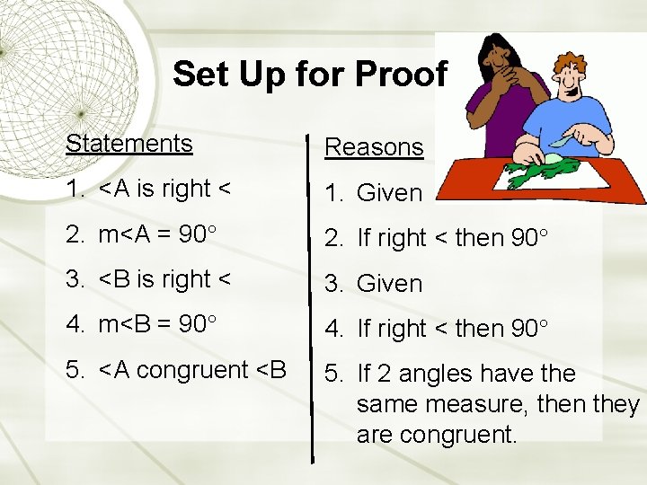 Set Up for Proof Statements Reasons 1. <A is right < 1. Given 2.