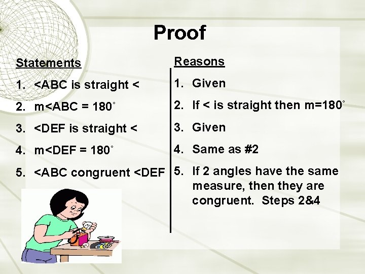 Proof Statements Reasons 1. <ABC is straight < 1. Given 2. m<ABC = 180˚