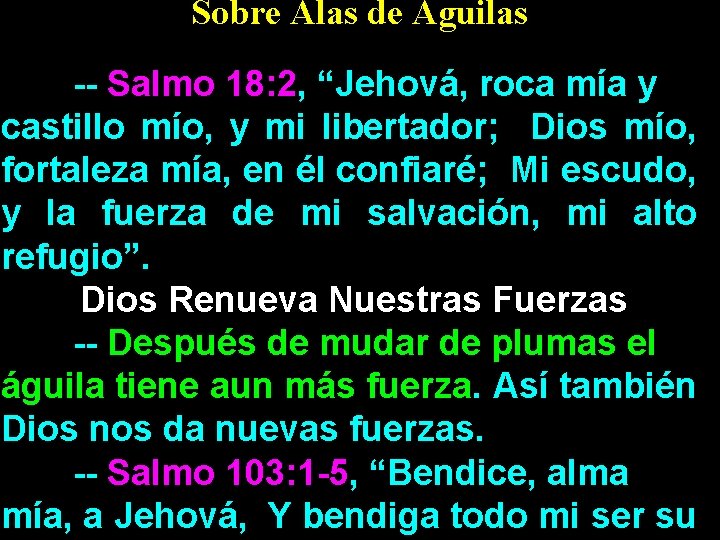 Sobre Alas de Aguilas -- Salmo 18: 2, “Jehová, roca mía y castillo mío,