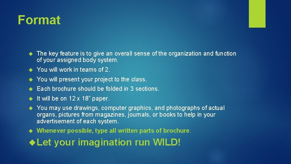Format The key feature is to give an overall sense of the organization and