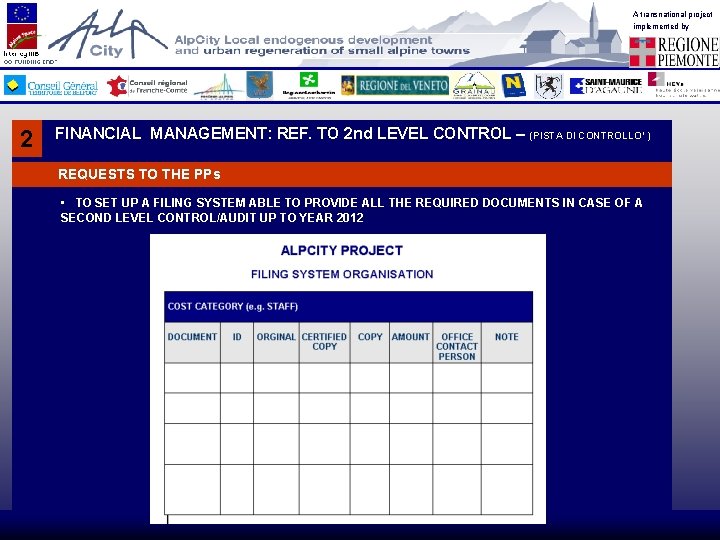 A transnational project implemented by 2 FINANCIAL MANAGEMENT: REF. TO 2 nd LEVEL CONTROL