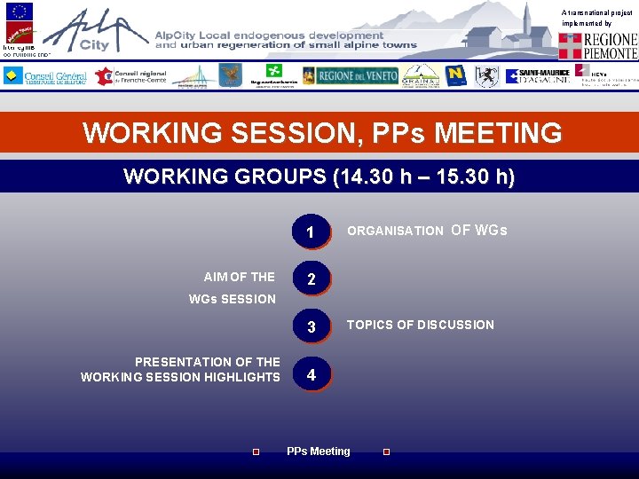 A transnational project implemented by WORKING SESSION, PPs MEETING WORKING GROUPS (14. 30 h