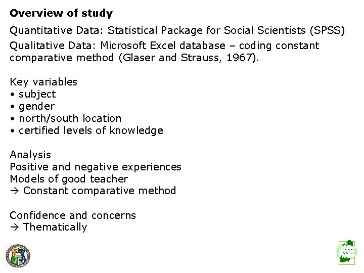 Overview of study Quantitative Data: Statistical Package for Social Scientists (SPSS) Qualitative Data: Microsoft