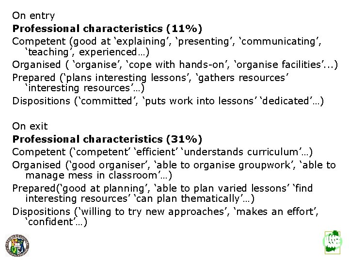 On entry Professional characteristics (11%) Competent (good at ‘explaining’, ‘presenting’, ‘communicating’, ‘teaching’, experienced…) Organised