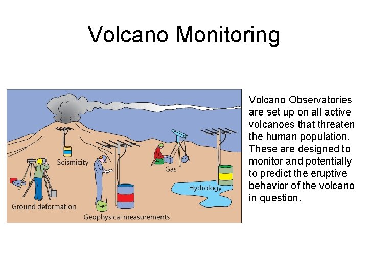 Volcano Monitoring Volcano Observatories are set up on all active volcanoes that threaten the