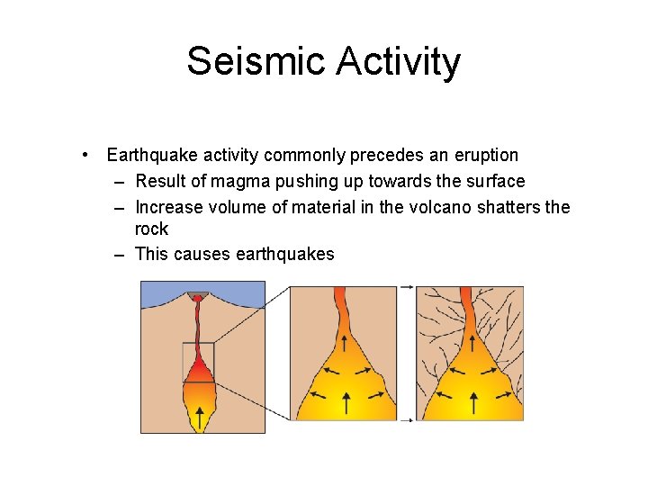 Seismic Activity • Earthquake activity commonly precedes an eruption – Result of magma pushing