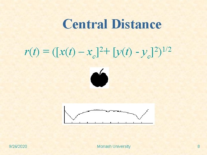 Central Distance r(t) = ([x(t) – xc]2+ [y(t) - yc]2)1/2 9/26/2020 Monash University 8