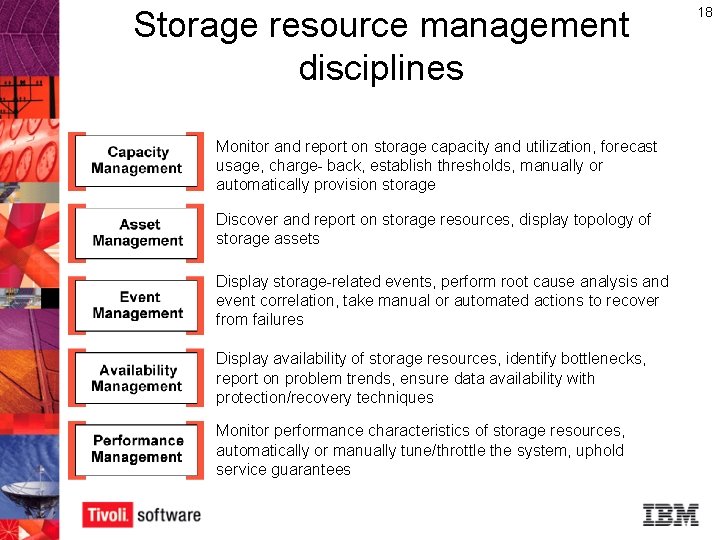 Storage resource management disciplines Monitor and report on storage capacity and utilization, forecast usage,