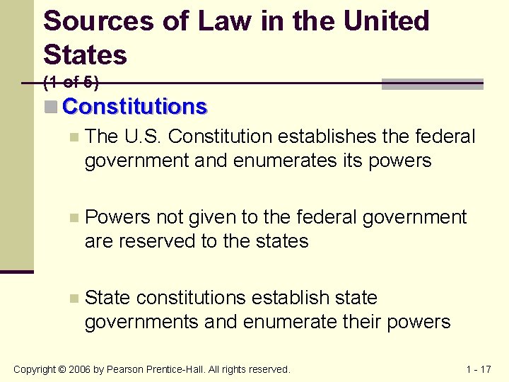 Sources of Law in the United States (1 of 5) n Constitutions n The