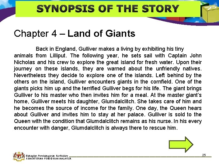 SYNOPSIS OF THE STORY Chapter 4 – Land of Giants Back in England, Gulliver