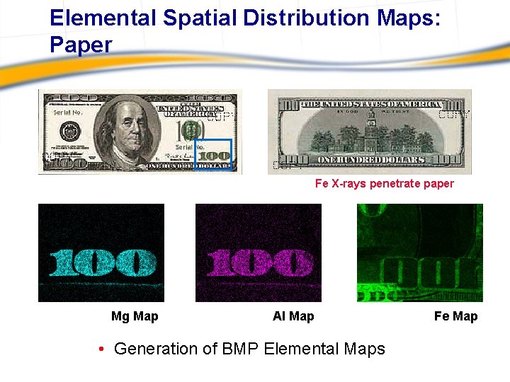 Elemental Spatial Distribution Maps: Paper Fe X-rays penetrate paper Mg Map Al Map •