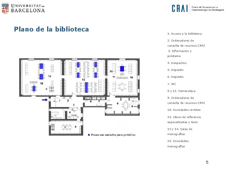 Plano de la biblioteca 1. Acceso a la Biblioteca 2. Ordenadores de consulta de