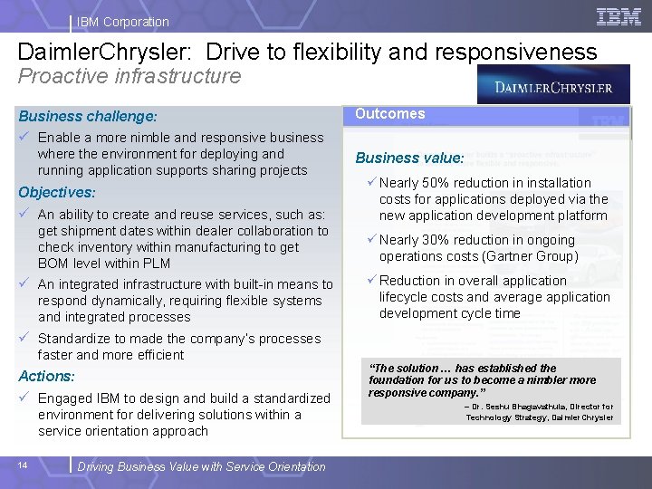 IBM Corporation Daimler. Chrysler: Drive to flexibility and responsiveness Proactive infrastructure Business challenge: ü