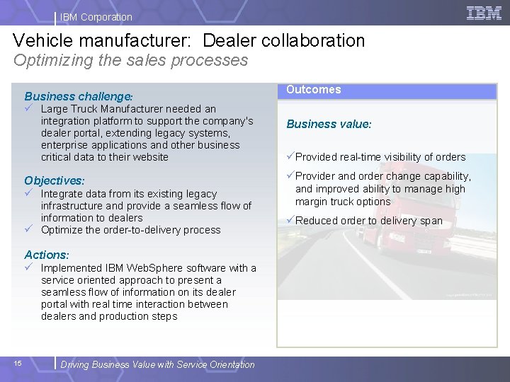 IBM Corporation Vehicle manufacturer: Dealer collaboration Optimizing the sales processes Business challenge: Outcomes ü