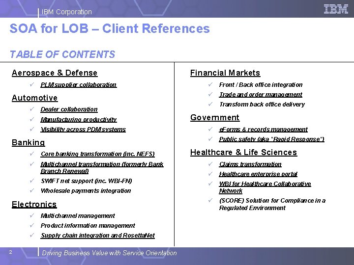 IBM Corporation SOA for LOB – Client References TABLE OF CONTENTS Aerospace & Defense