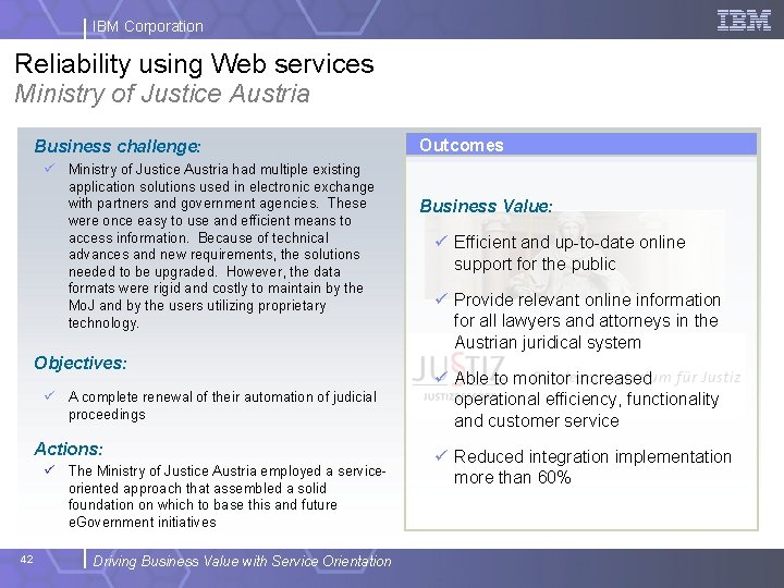 IBM Corporation Reliability using Web services Ministry of Justice Austria Business challenge: ü Ministry