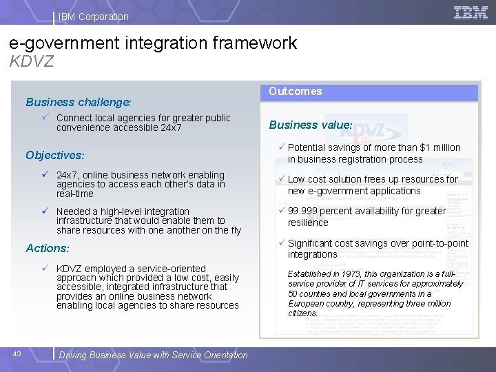 IBM Corporation e-government integration framework KDVZ Business challenge: ü Connect local agencies for greater