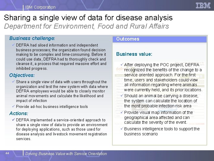 IBM Corporation Sharing a single view of data for disease analysis Department for Environment,