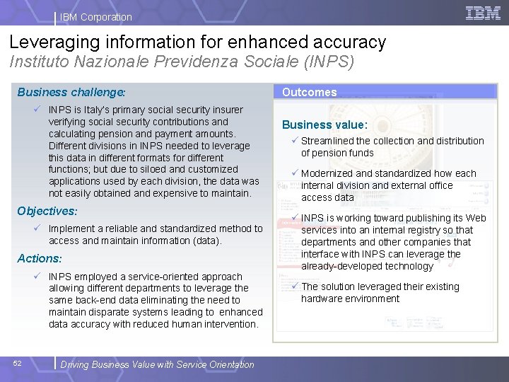 IBM Corporation Leveraging information for enhanced accuracy Instituto Nazionale Previdenza Sociale (INPS) Business challenge: