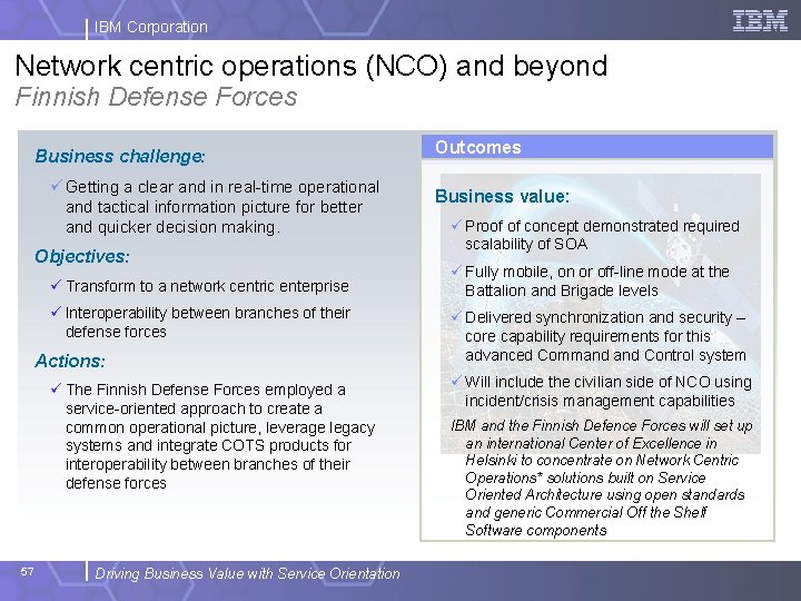IBM Corporation Network centric operations (NCO) and beyond Finnish Defense Forces Business challenge: ü