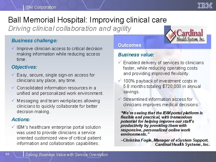 IBM Corporation Ball Memorial Hospital: Improving clinical care Driving clinical collaboration and agility Business
