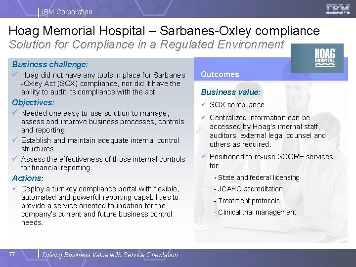 IBM Corporation Hoag Memorial Hospital – Sarbanes-Oxley compliance Solution for Compliance in a Regulated