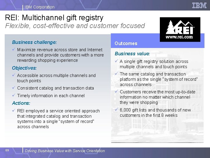 IBM Corporation REI: Multichannel gift registry Flexible, cost-effective and customer focused Business challenge: Outcomes