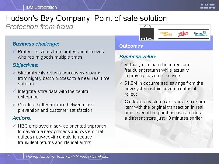 IBM Corporation Hudson’s Bay Company: Point of sale solution Protection from fraud Business challenge: