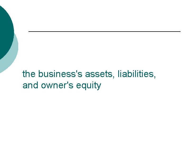 the business's assets, liabilities, and owner's equity 