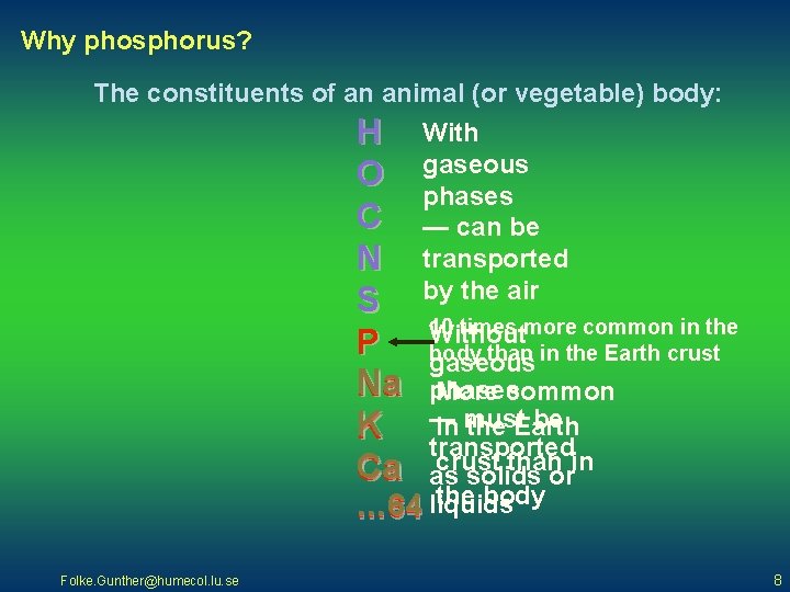 Why phosphorus? The constituents of an animal (or vegetable) body: H With O gaseous