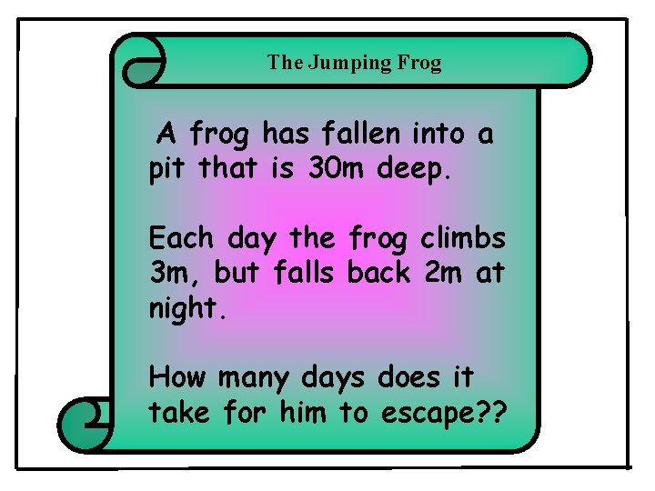 The Jumping Frog A frog has fallen into a pit that is 30 m The Jumping Frog A frog has fallen into a pit that is 30 m