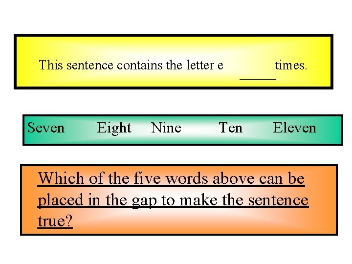 This sentence contains the letter e Seven Eight Nine Ten times. Eleven Which of This sentence contains the letter e Seven Eight Nine Ten times. Eleven Which of
